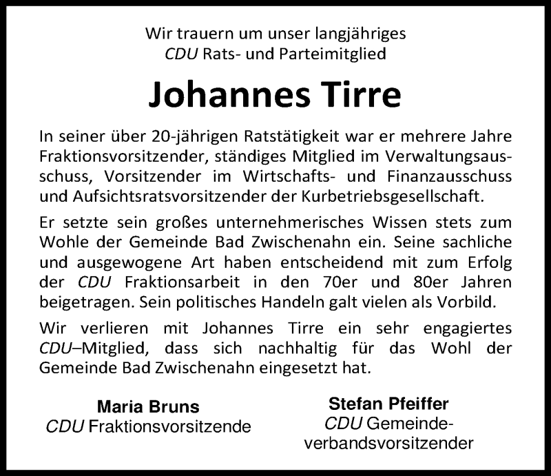  Traueranzeige für Johannes Tirre vom 13.04.2016 aus Nordwest-Zeitung