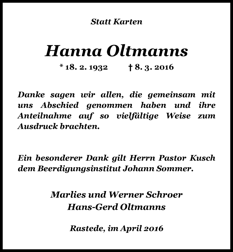 Traueranzeigen Von Hanna Oltmanns Nordwest Trauer De