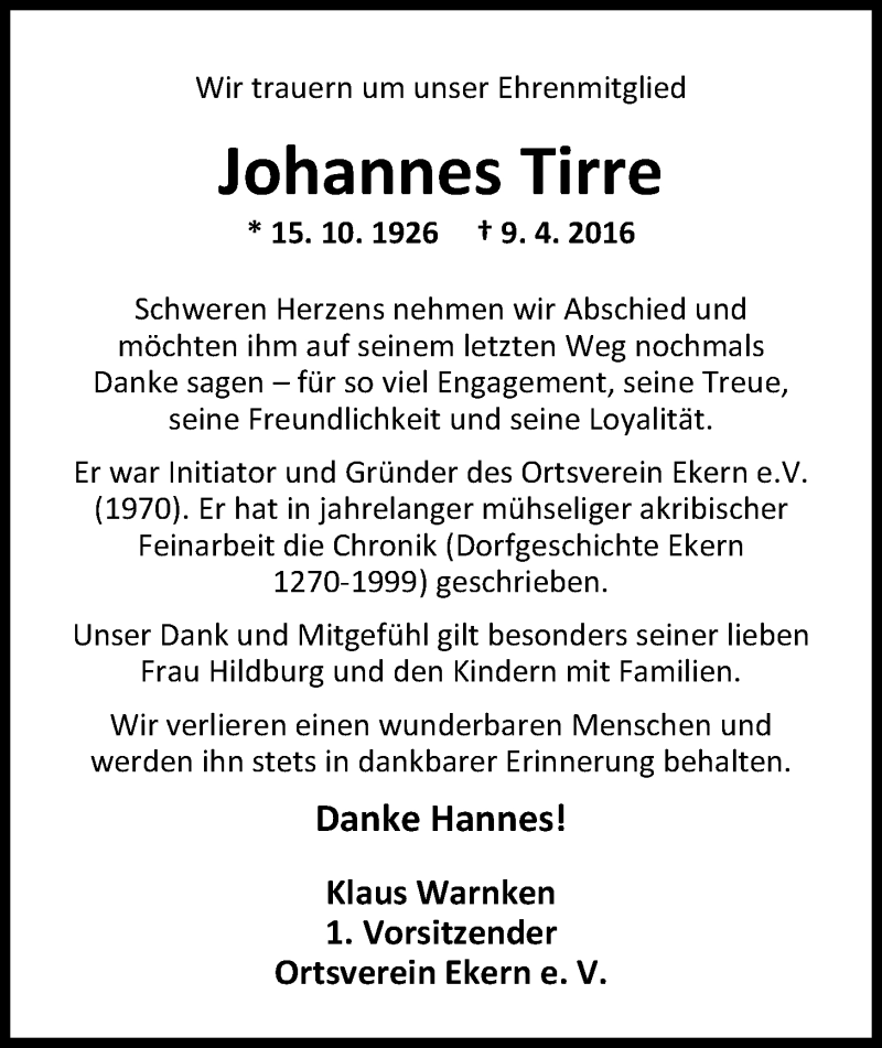  Traueranzeige für Johannes Tirre vom 13.04.2016 aus Nordwest-Zeitung