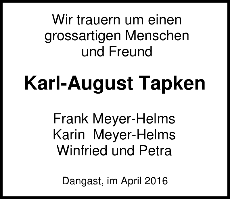  Traueranzeige für Karl-August Tapken vom 08.04.2016 aus Nordwest-Zeitung