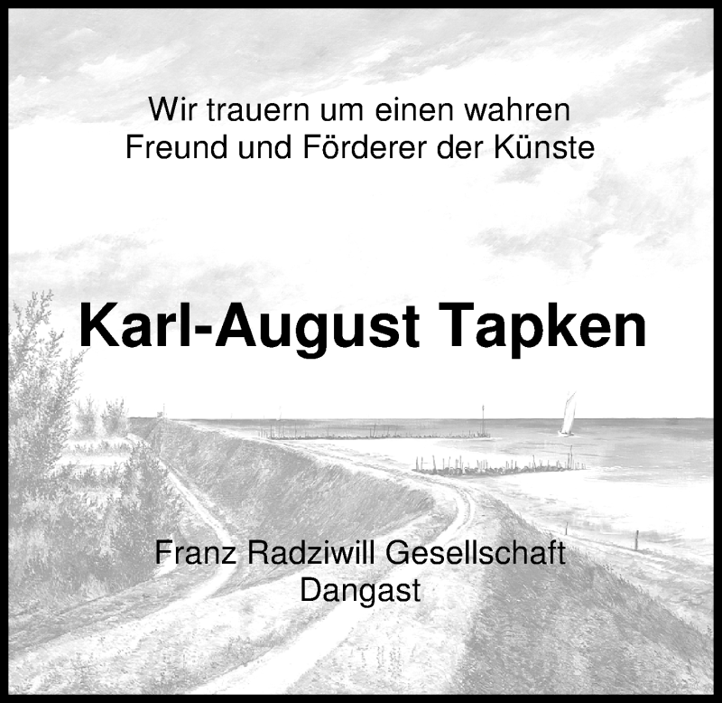  Traueranzeige für Karl-August Tapken vom 06.04.2016 aus Nordwest-Zeitung