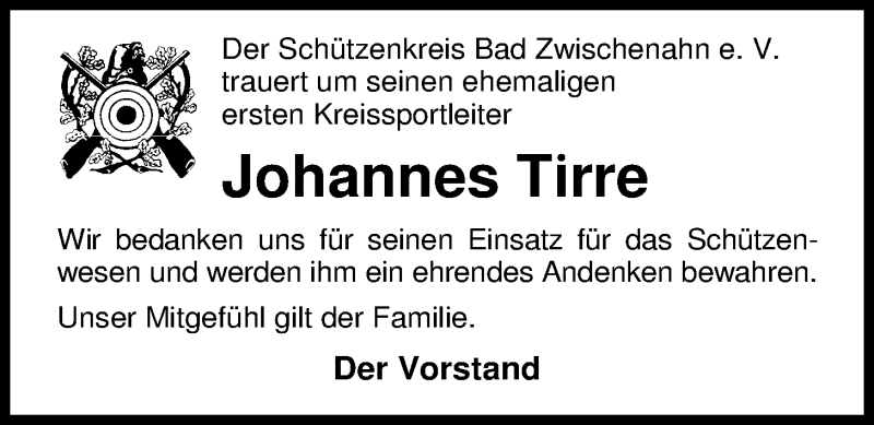  Traueranzeige für Johannes Tirre vom 14.04.2016 aus Nordwest-Zeitung