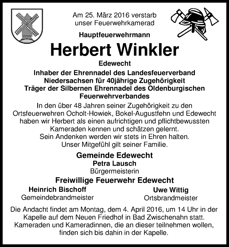 Traueranzeigen Von Herbert Winkler Nordwest Trauer De