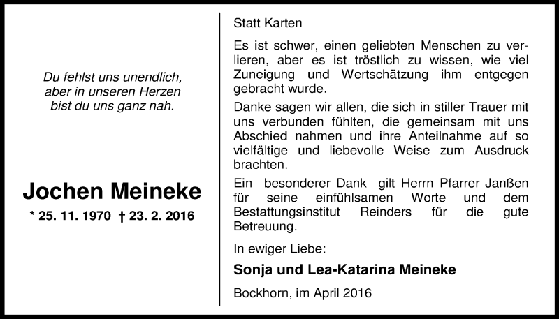  Traueranzeige für Jochen Meineke vom 29.04.2016 aus Nordwest-Zeitung