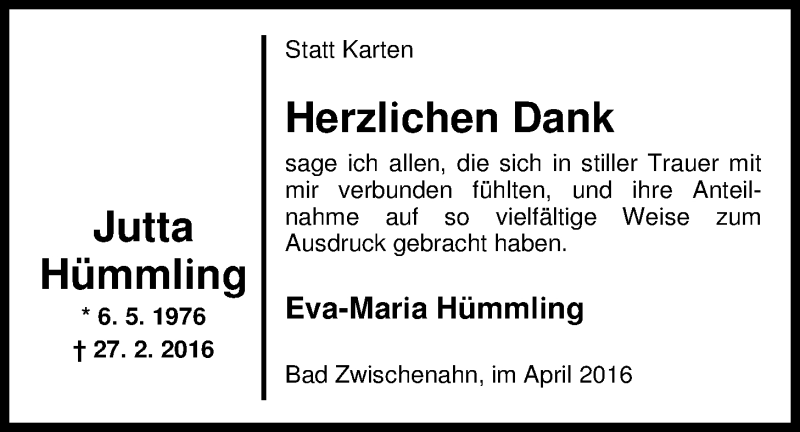  Traueranzeige für Jutta Hümmling vom 13.04.2016 aus Nordwest-Zeitung