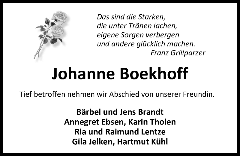  Traueranzeige für Johanne Boekhoff vom 16.04.2016 aus Nordwest-Zeitung
