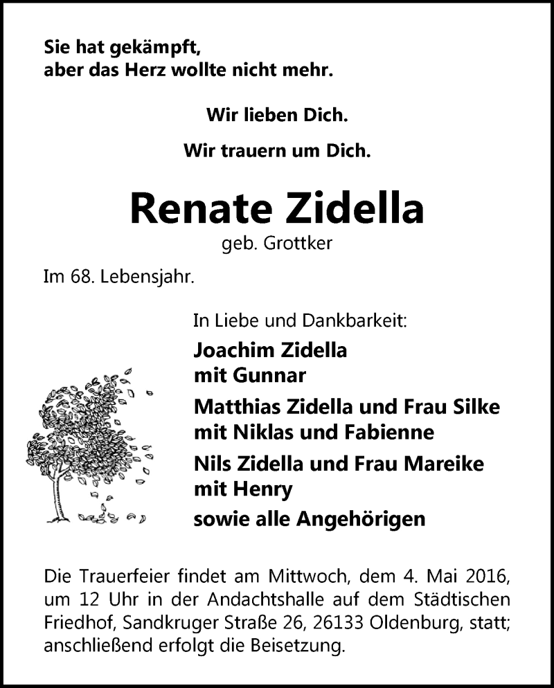  Traueranzeige für Renate Zidella vom 02.05.2016 aus Nordwest-Zeitung