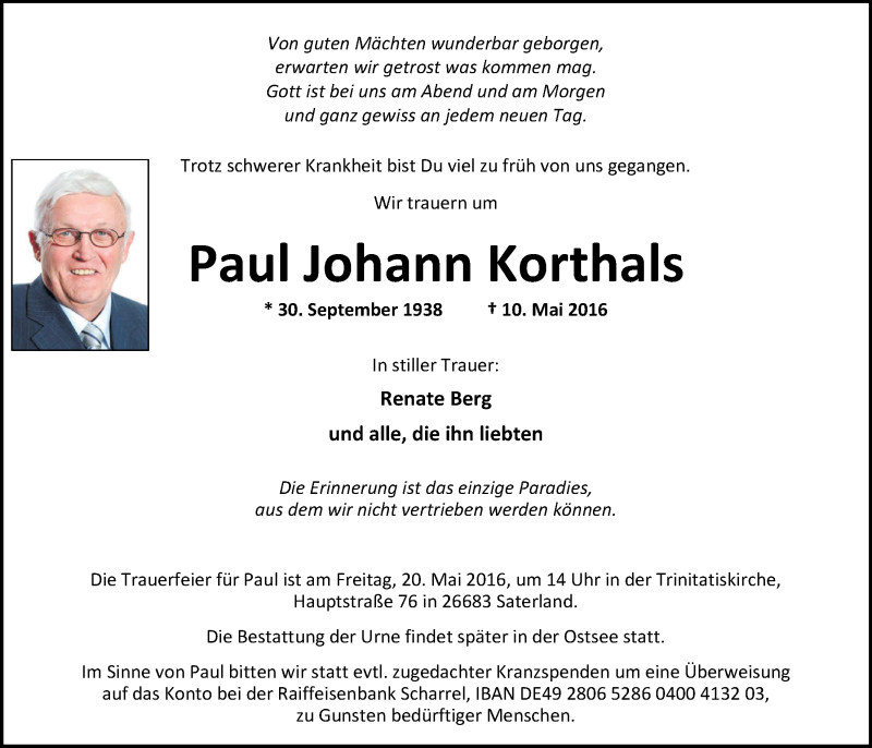  Traueranzeige für Paul Johann Korthals vom 14.05.2016 aus Nordwest-Zeitung