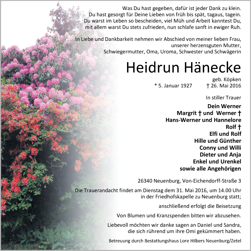  Traueranzeige für Heidrun Hänecke vom 28.05.2016 aus Nordwest-Zeitung