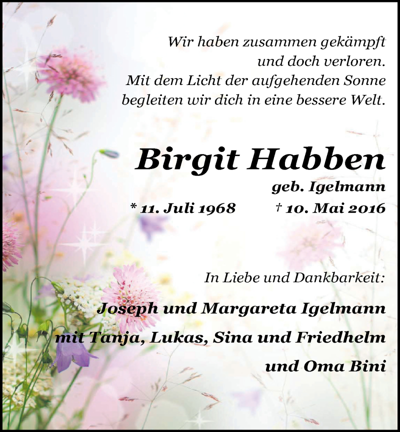  Traueranzeige für Birgit Habben vom 14.05.2016 aus Nordwest-Zeitung