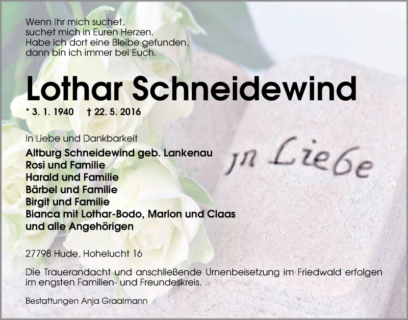  Traueranzeige für Lothar Schneidewind vom 28.05.2016 aus Nordwest-Zeitung