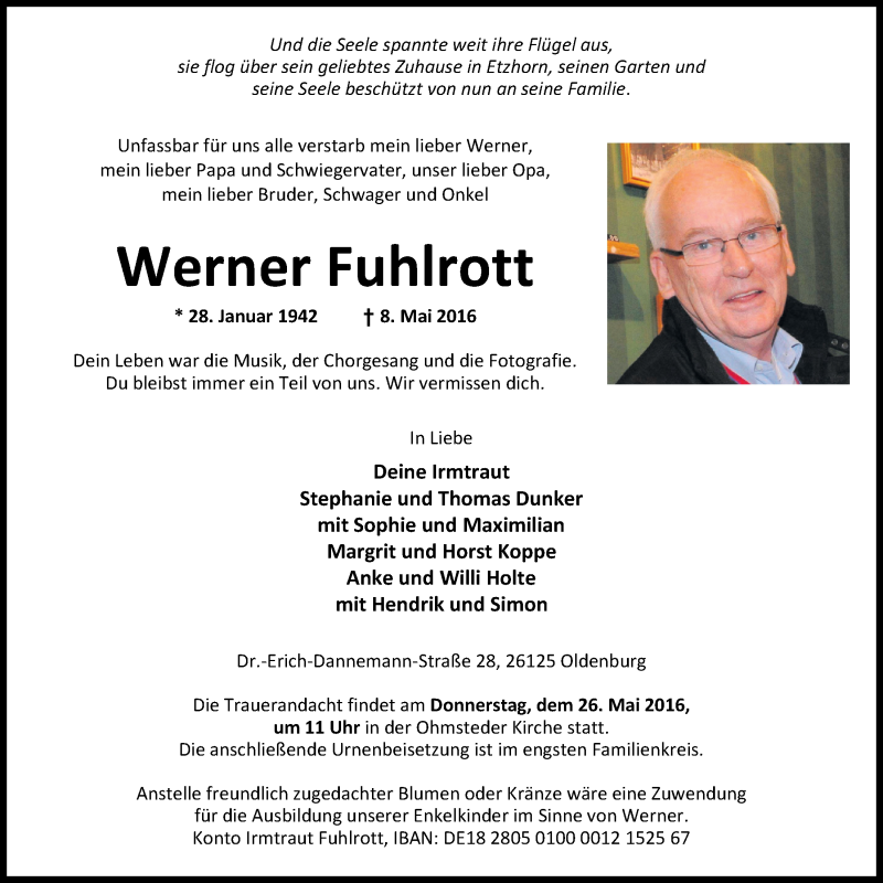  Traueranzeige für Werner Fuhlrott vom 14.05.2016 aus Nordwest-Zeitung