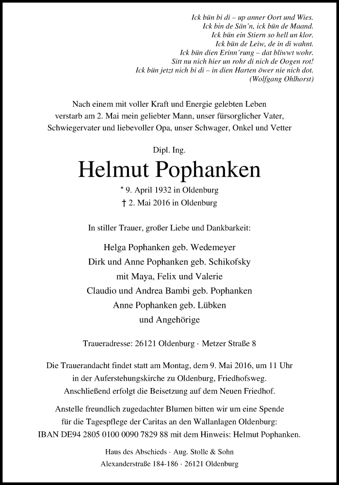  Traueranzeige für Helmut  Pophanken vom 04.05.2016 aus Nordwest-Zeitung