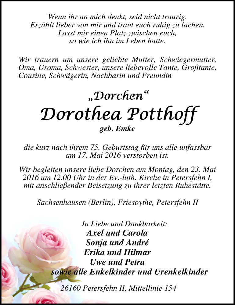  Traueranzeige für Dorothea Potthoff vom 19.05.2016 aus Nordwest-Zeitung