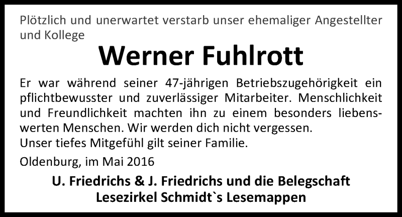  Traueranzeige für Werner Fuhlrott vom 14.05.2016 aus Nordwest-Zeitung