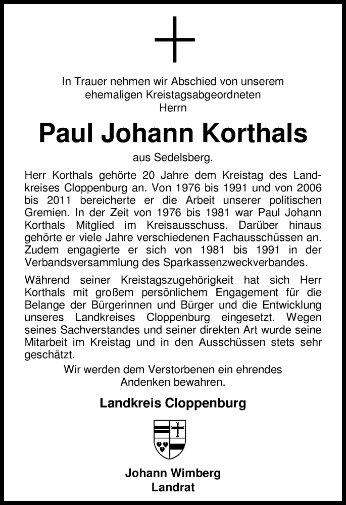  Traueranzeige für Paul Johann Korthals vom 19.05.2016 aus Nordwest-Zeitung