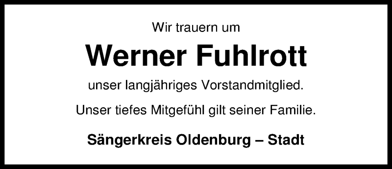  Traueranzeige für Werner Fuhlrott vom 18.05.2016 aus Nordwest-Zeitung