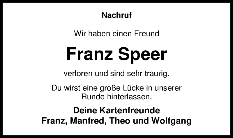  Traueranzeige für Franz Speer vom 08.06.2016 aus Nordwest-Zeitung