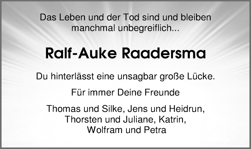  Traueranzeige für Ralf-Auke Raadersma vom 25.06.2016 aus Nordwest-Zeitung