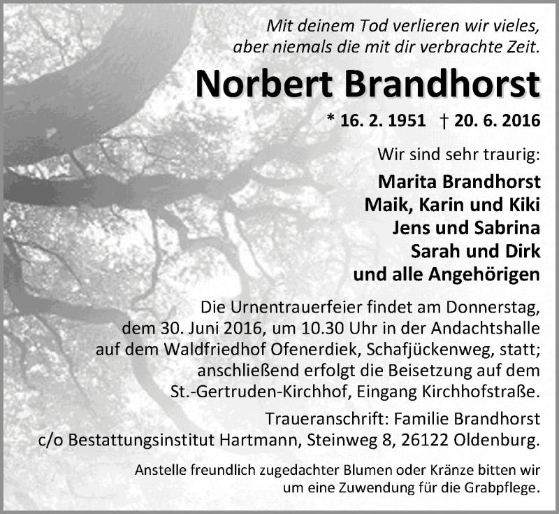  Traueranzeige für Norbert Brandhorst vom 25.06.2016 aus Nordwest-Zeitung