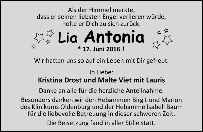  Traueranzeige für Lia Antonia Drost vom 25.06.2016 aus Nordwest-Zeitung