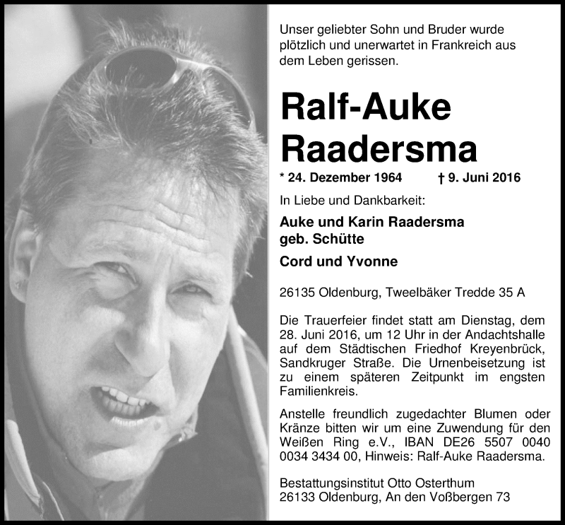  Traueranzeige für Ralf-Auke Raadersma vom 25.06.2016 aus Nordwest-Zeitung
