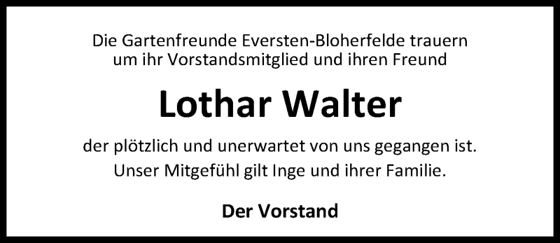  Traueranzeige für Lothar Walter vom 09.06.2016 aus Nordwest-Zeitung