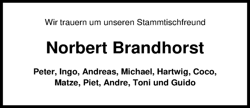  Traueranzeige für Norbert Brandhorst vom 28.06.2016 aus Nordwest-Zeitung