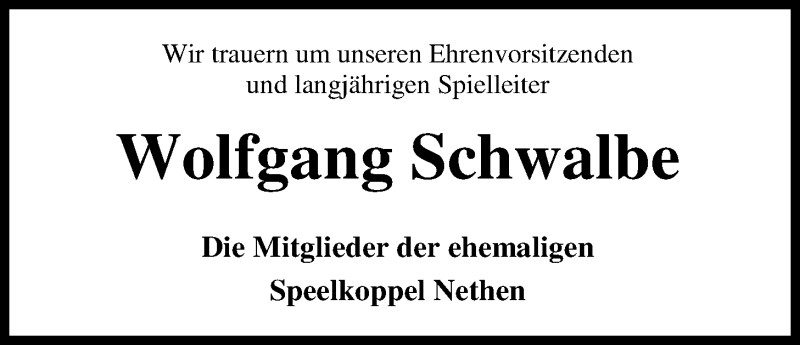  Traueranzeige für Wolfgang Schwalbe vom 23.07.2016 aus Nordwest-Zeitung