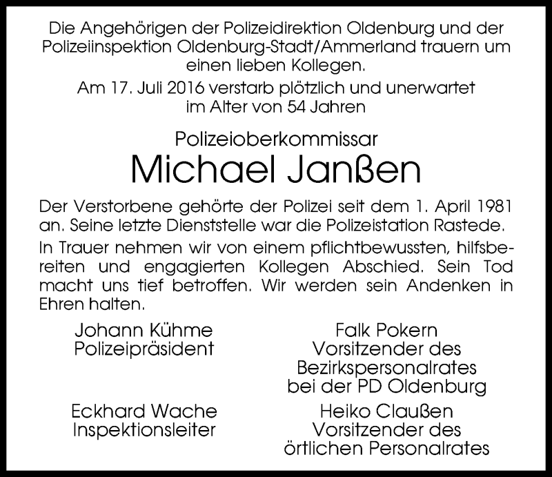  Traueranzeige für Michael Janßen vom 20.07.2016 aus Nordwest-Zeitung