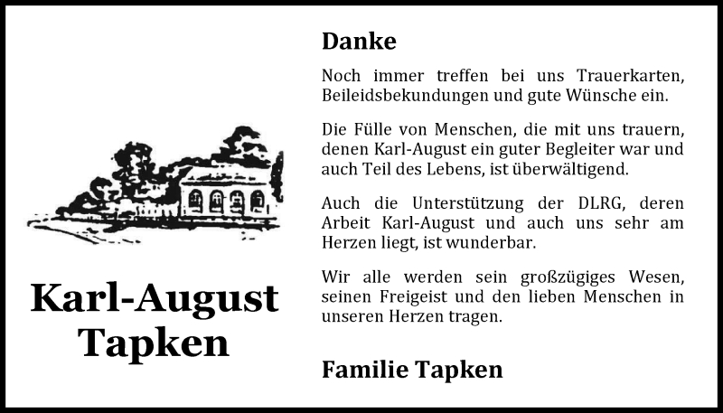  Traueranzeige für Karl-August Tapken vom 01.07.2016 aus Nordwest-Zeitung