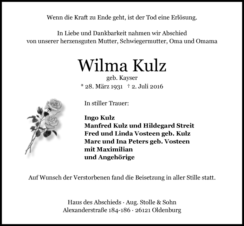  Traueranzeige für Wilma Kulz vom 12.07.2016 aus Nordwest-Zeitung