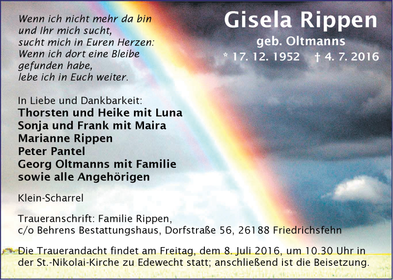  Traueranzeige für Gisela Rippen vom 06.07.2016 aus Nordwest-Zeitung