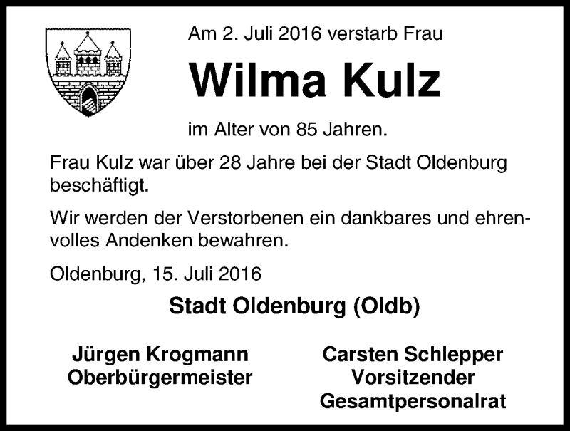  Traueranzeige für Wilma Kulz vom 15.07.2016 aus Nordwest Zeitung