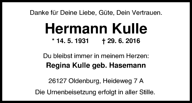  Traueranzeige für Hermann Kulle vom 01.07.2016 aus Nordwest-Zeitung