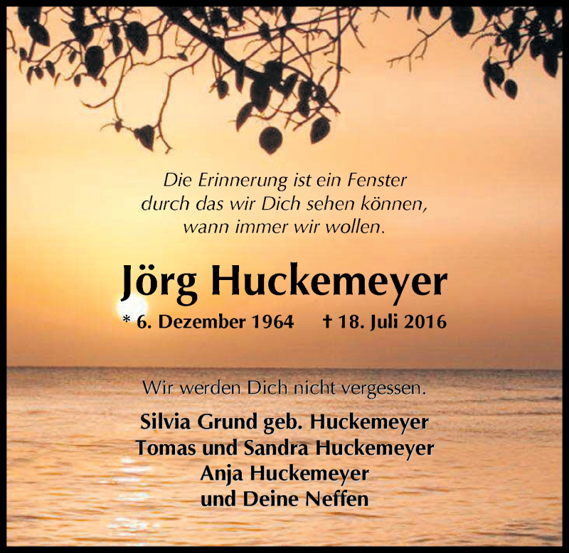  Traueranzeige für Jörg Huckemeyer vom 22.07.2016 aus Nordwest-Zeitung