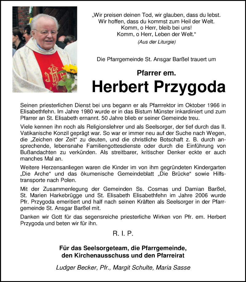  Traueranzeige für Herbert  Przygoda vom 27.07.2016 aus Nordwest-Zeitung