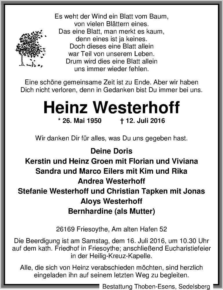  Traueranzeige für Heinz Westerhoff vom 14.07.2016 aus Nordwest-Zeitung
