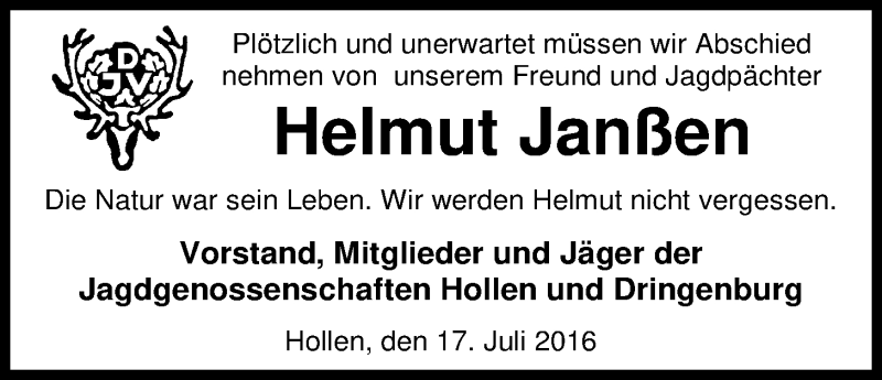  Traueranzeige für Helmut Janßen vom 20.07.2016 aus Nordwest-Zeitung