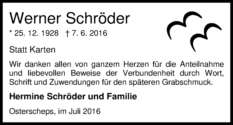  Traueranzeige für Werner Schröder vom 15.07.2016 aus Nordwest-Zeitung