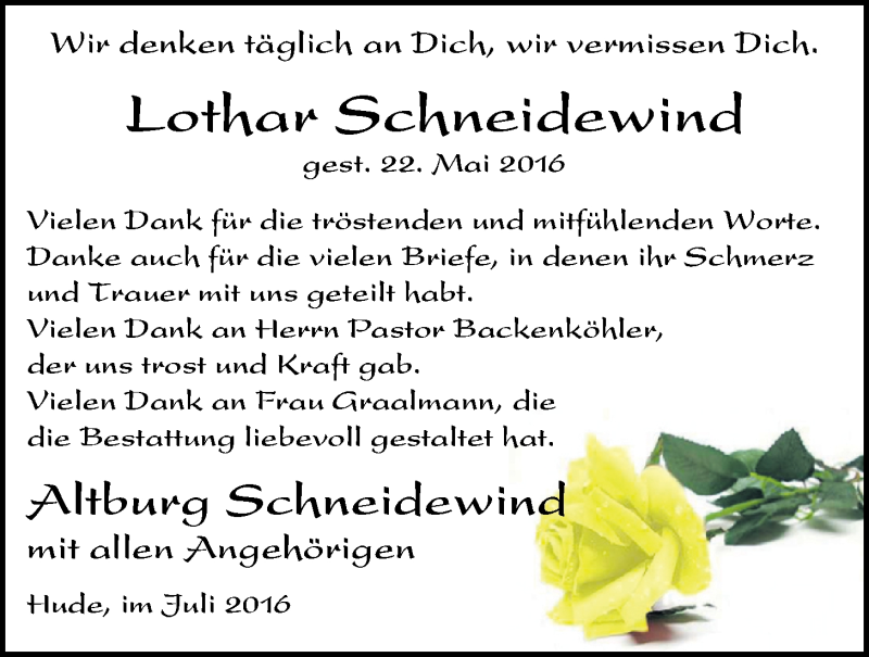  Traueranzeige für Lothar Schneidewind vom 16.07.2016 aus Nordwest-Zeitung
