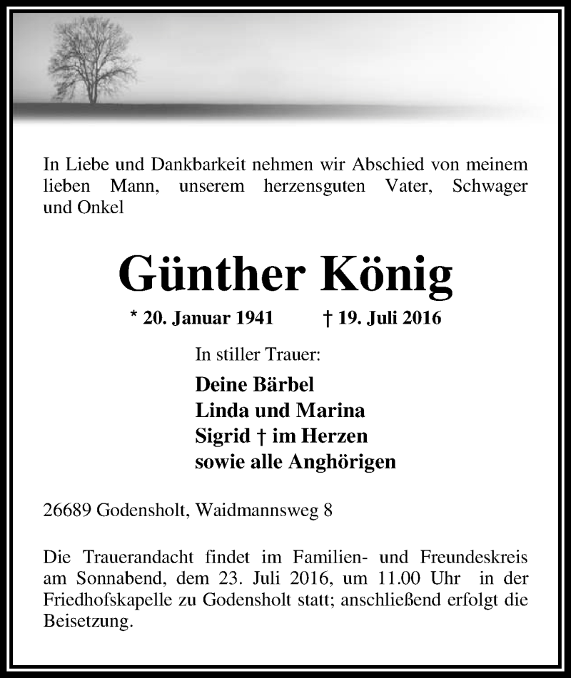  Traueranzeige für Günther König vom 21.07.2016 aus Nordwest-Zeitung