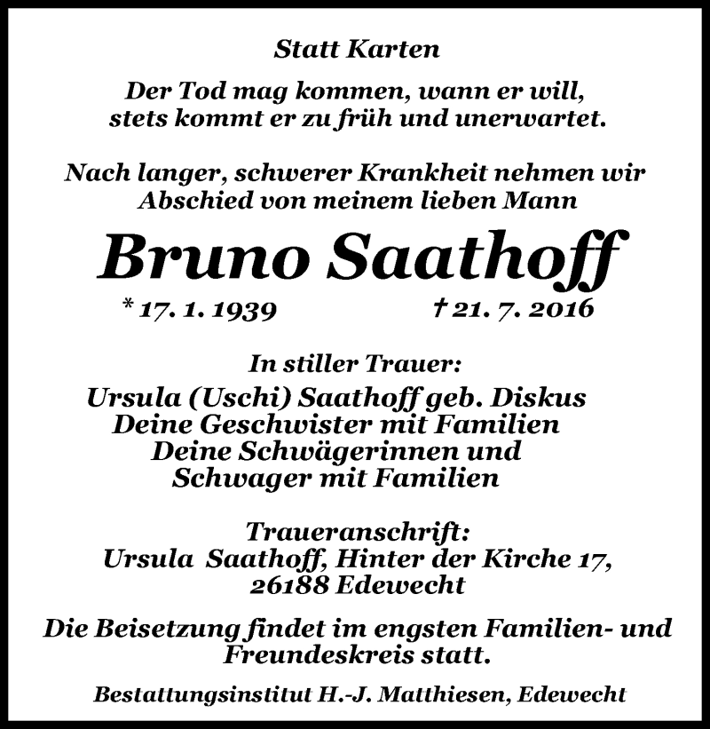  Traueranzeige für Bruno Saathoff vom 23.07.2016 aus Nordwest-Zeitung