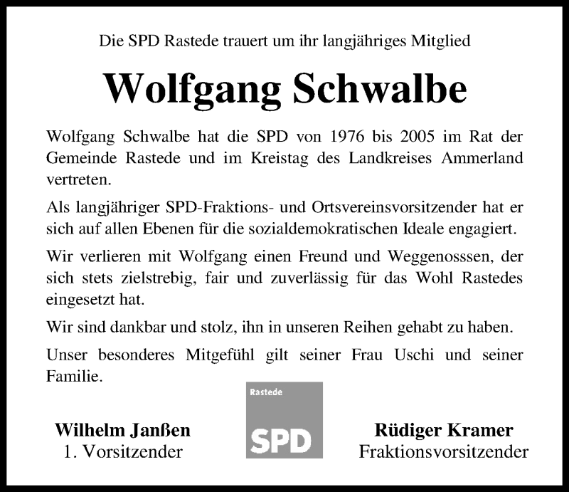  Traueranzeige für Wolfgang Schwalbe vom 23.07.2016 aus Nordwest-Zeitung