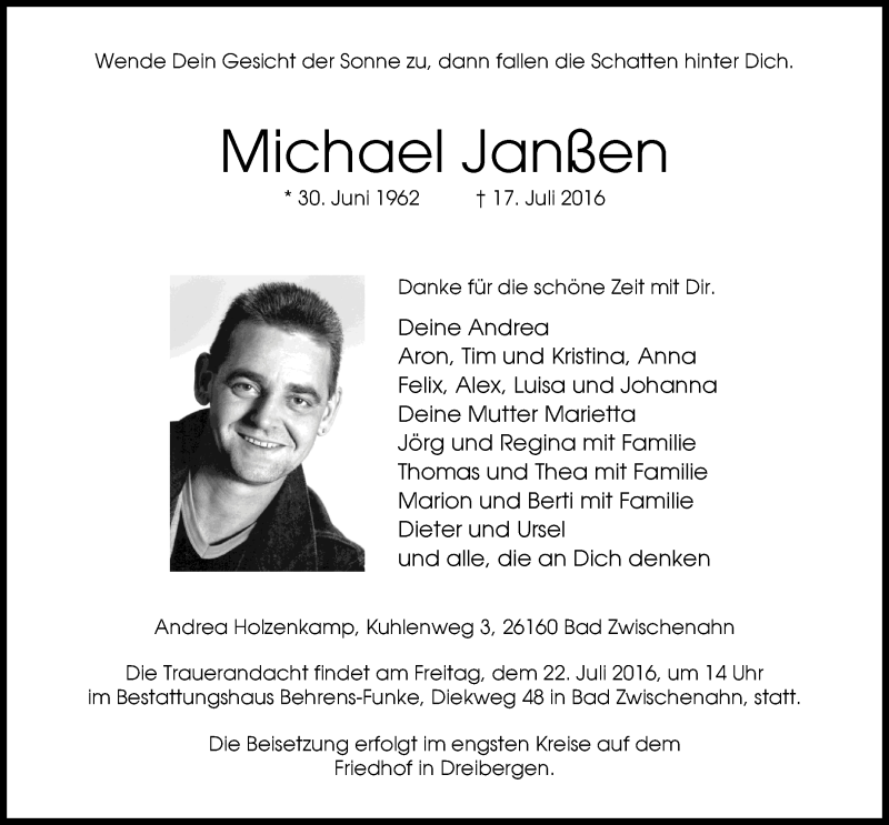  Traueranzeige für Michael Janßen vom 20.07.2016 aus Nordwest-Zeitung