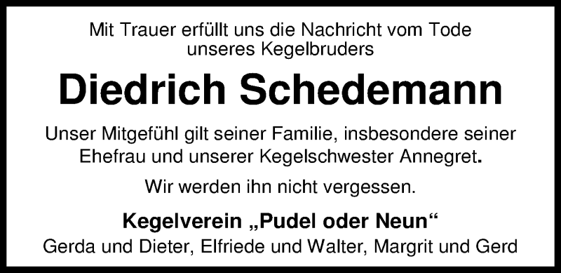  Traueranzeige für Diedrich Schedemann vom 29.08.2016 aus Nordwest-Zeitung