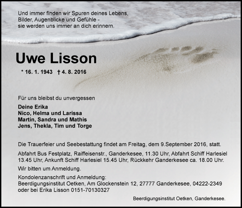  Traueranzeige für Uwe Lisson vom 10.08.2016 aus Nordwest-Zeitung