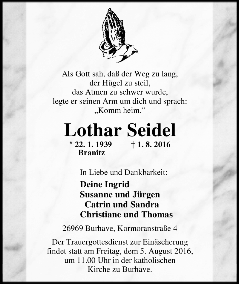  Traueranzeige für Lothar Seidel vom 03.08.2016 aus Nordwest-Zeitung