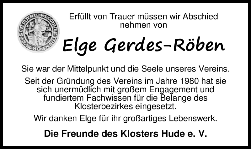  Traueranzeige für Elge Gerdes-Röben vom 09.08.2016 aus Nordwest-Zeitung