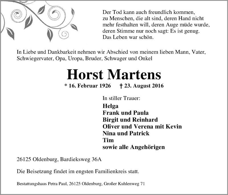  Traueranzeige für Horst Martens vom 27.08.2016 aus Nordwest-Zeitung